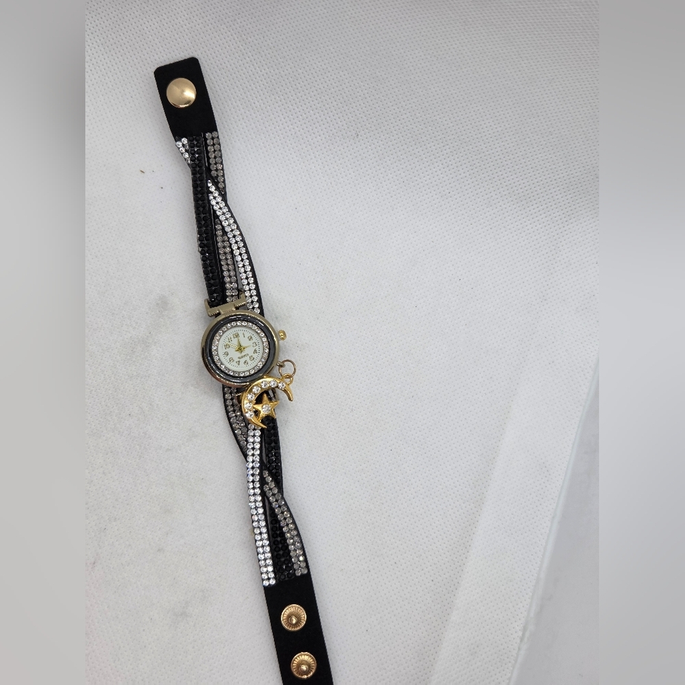 Gold and Black Women's Quartz Watch with Crystal And Leather Charm Accents - Picture 2 of 6